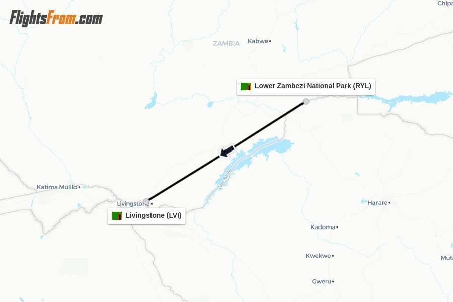 Flights from Lower Zambezi National Park to Livingstone route map