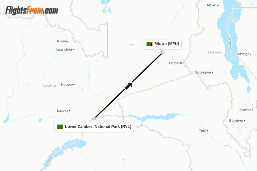 Flights from Lower Zambezi National Park to Mfuwe route map