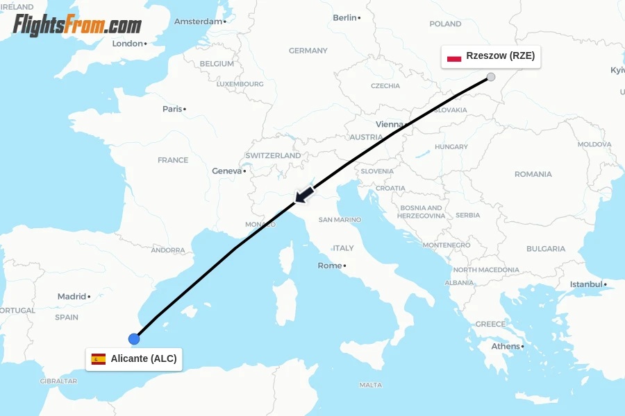 Flights from Rzeszow to Alicante route map