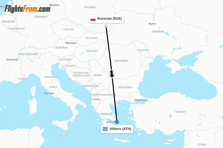 Flights from Rzeszow to Athens route map