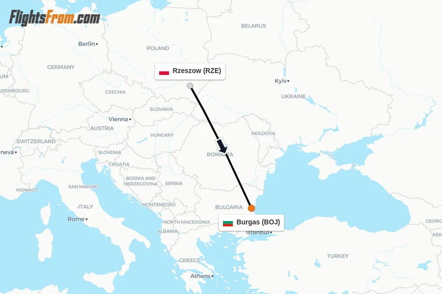 Flights from Rzeszow to Burgas route map