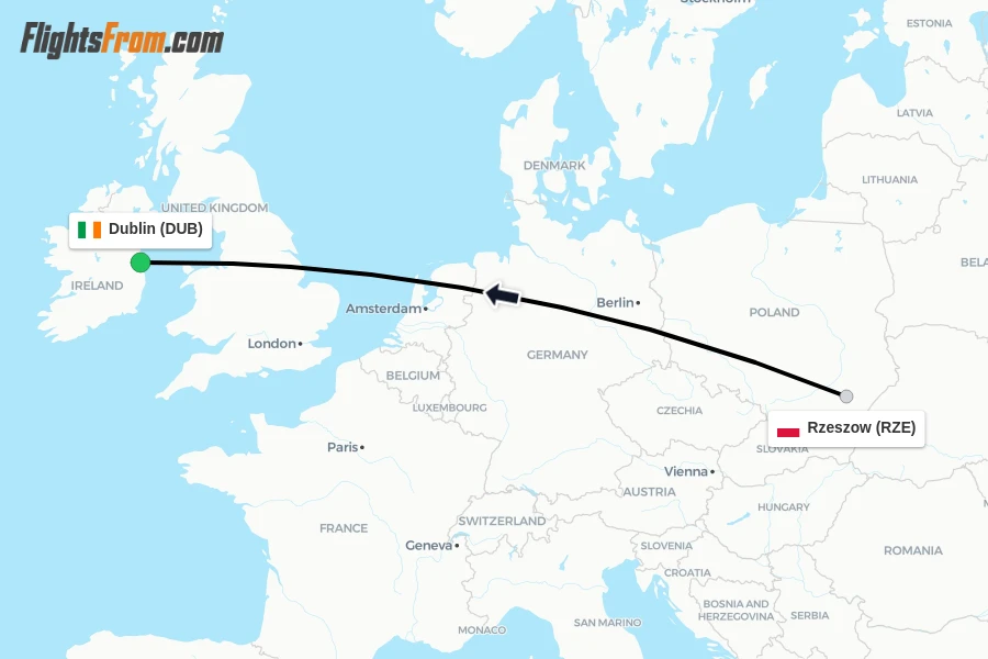 Flights from Rzeszow to Dublin route map