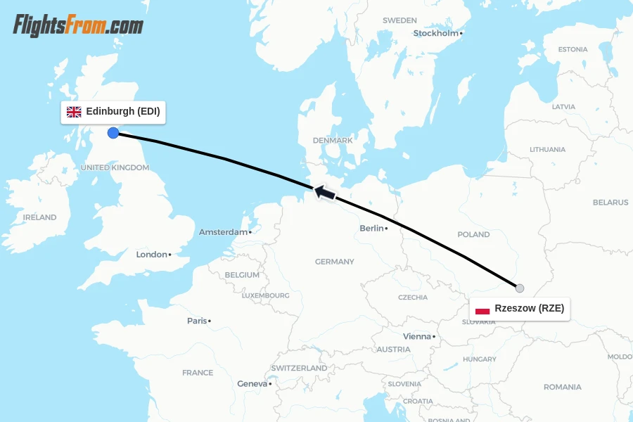 Flights from Rzeszow to Edinburgh route map