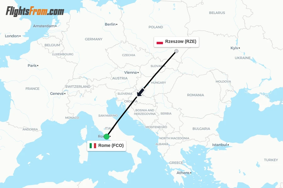 Flights from Rzeszow to Rome route map