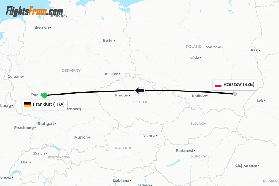 Flights from Rzeszow to Frankfurt route map