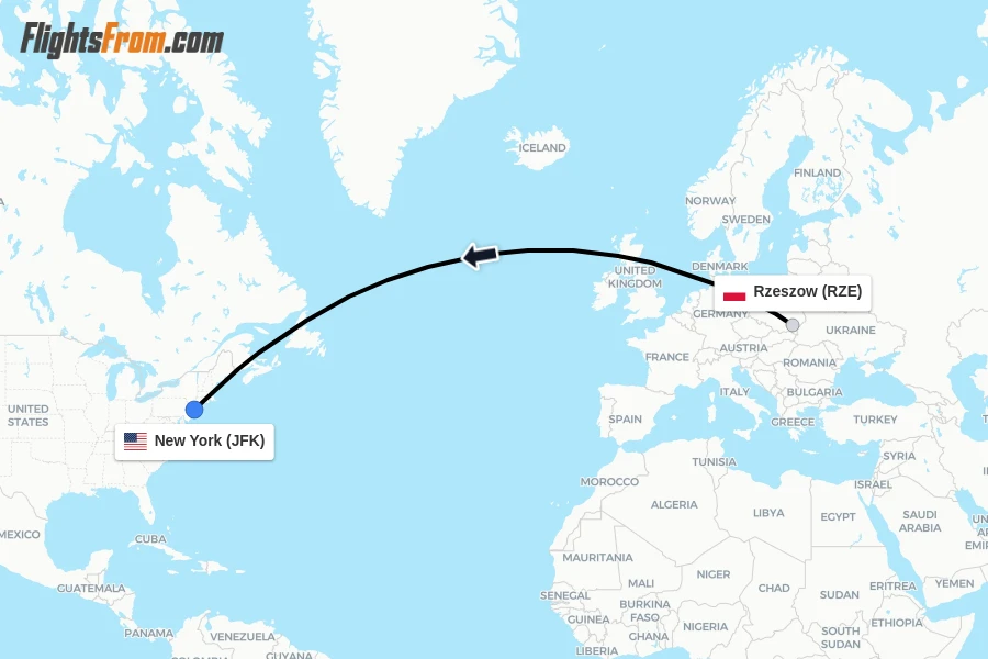 Flights from Rzeszow to New York route map
