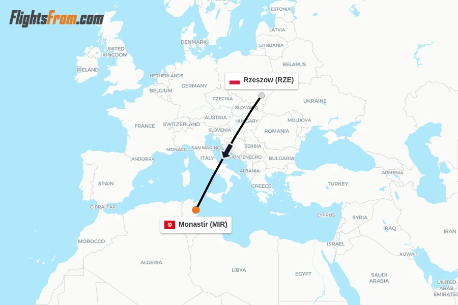 Flights from Rzeszow to Monastir route map