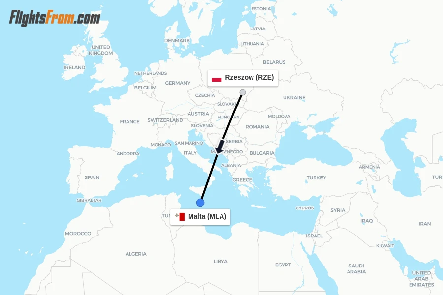 Flights from Rzeszow to Malta route map