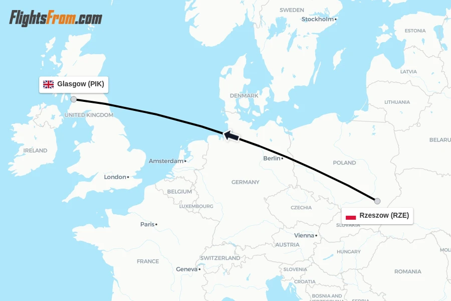 Flights from Rzeszow to Glasgow route map