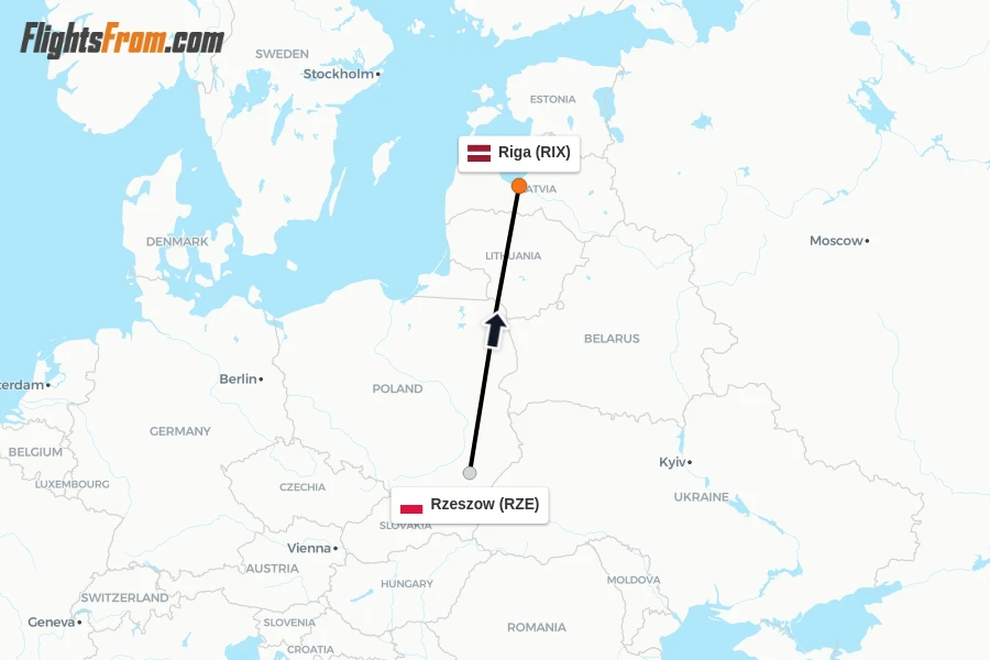Flights from Rzeszow to Riga route map