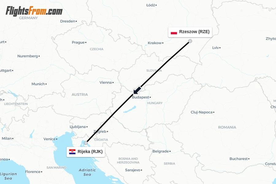 Flights from Rzeszow to Rijeka route map