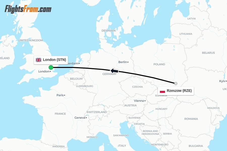 Flights from Rzeszow to London route map