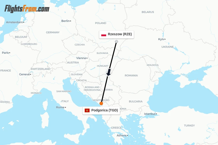 Flights from Rzeszow to Podgorica route map