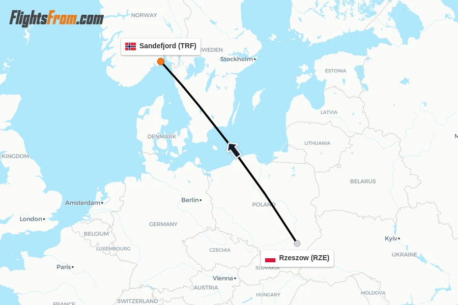 Flights from Rzeszow to Sandefjord route map
