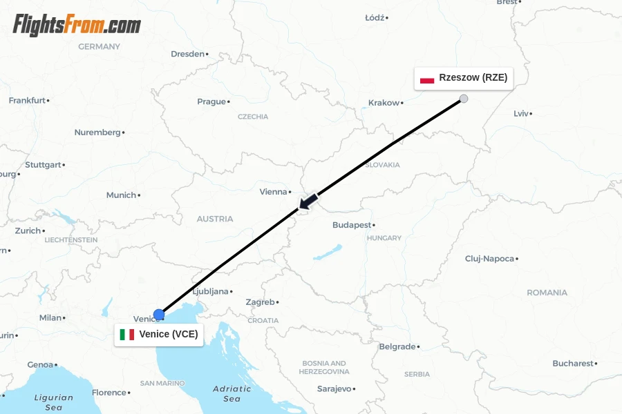 Flights from Rzeszow to Venice route map
