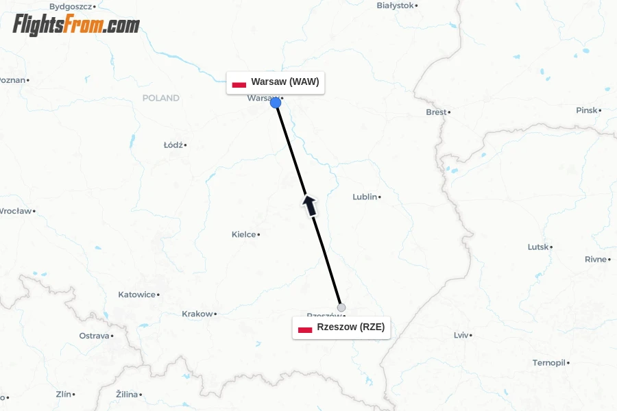 Flights from Rzeszow to Warsaw route map