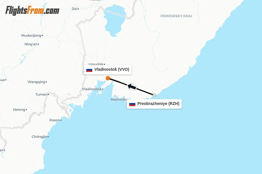 Flights from Preobrazheniye to Vladivostok route map