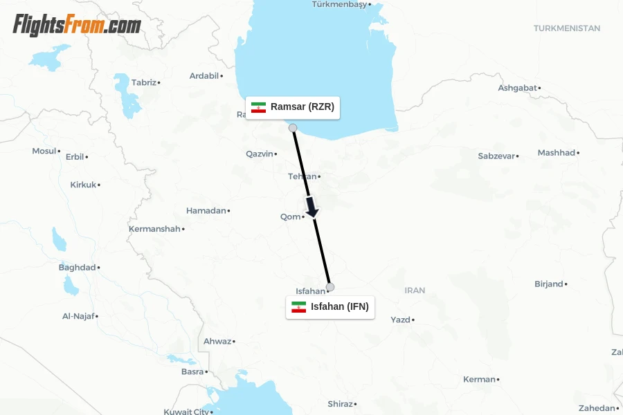 Flights from Ramsar to Isfahan route map