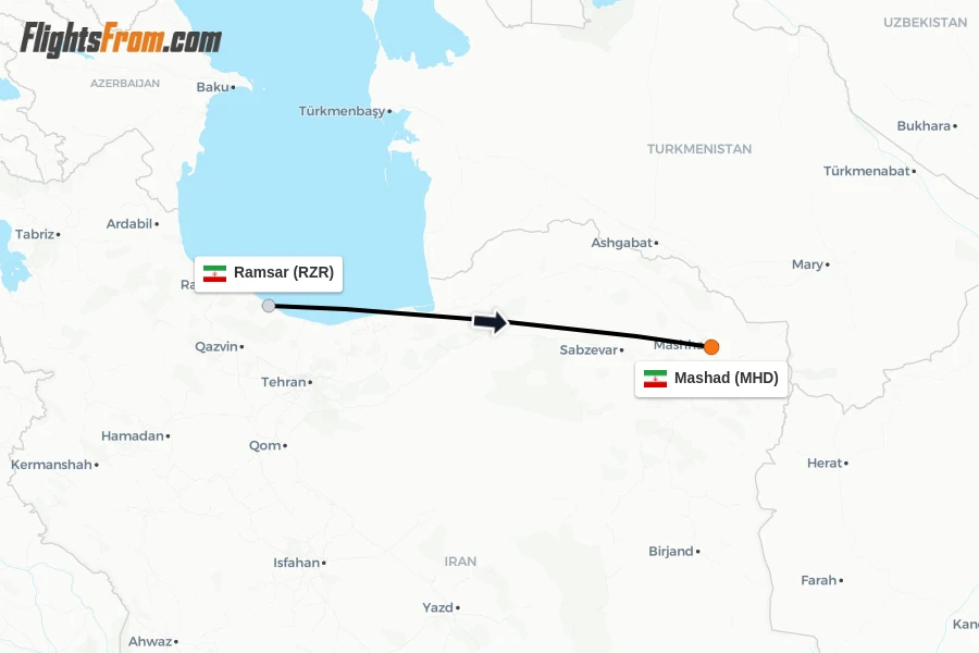 Flights from Ramsar to Mashad route map