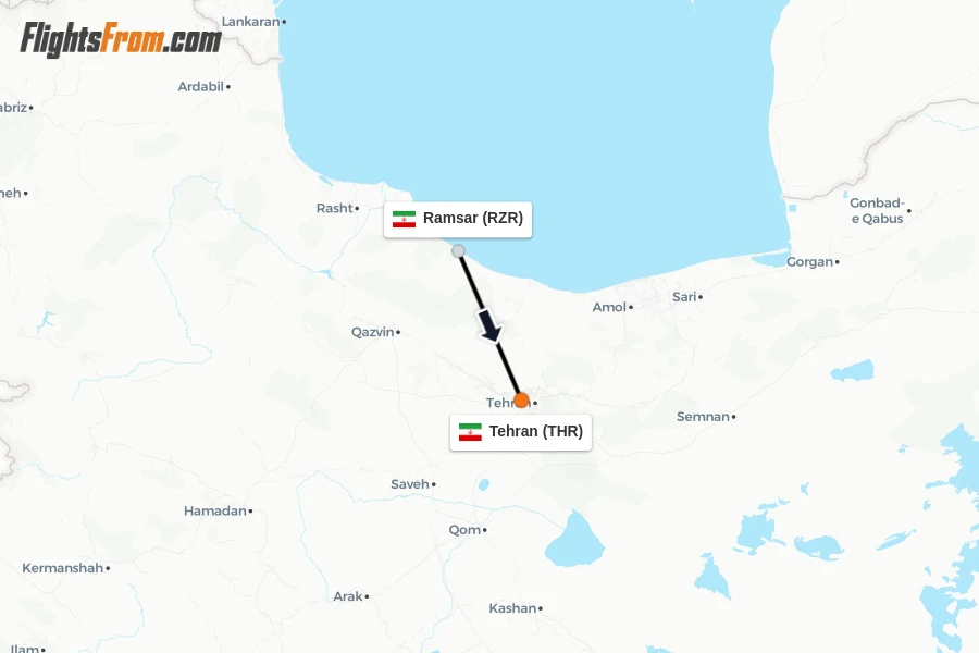 Flights from Ramsar to Tehran route map