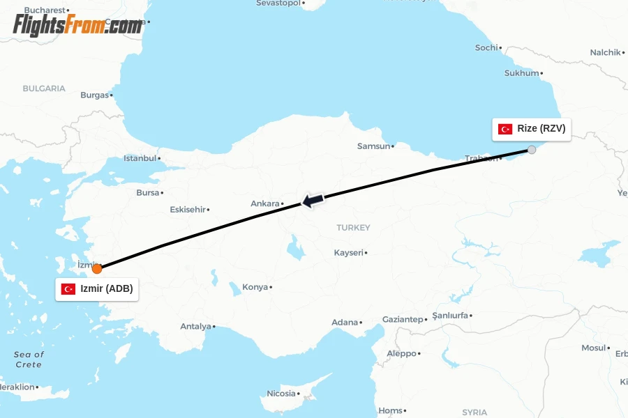 Flights from Rize to Izmir route map