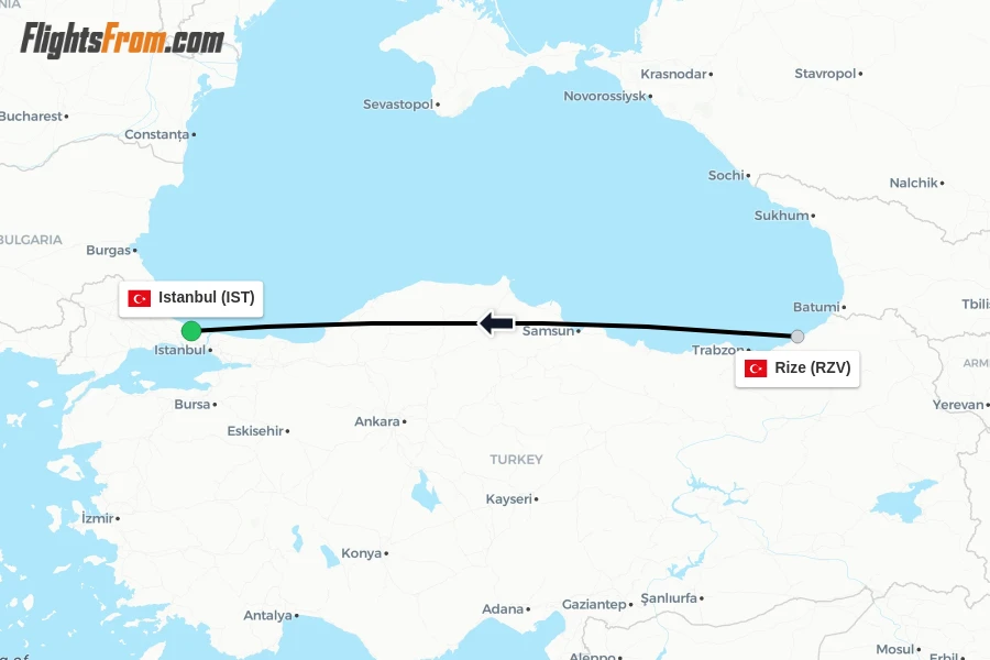 Flights from Rize to Istanbul route map