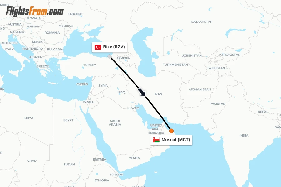 Flights from Rize to Muscat route map