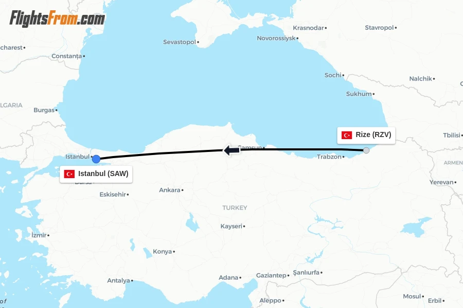 Flights from Rize to Istanbul route map
