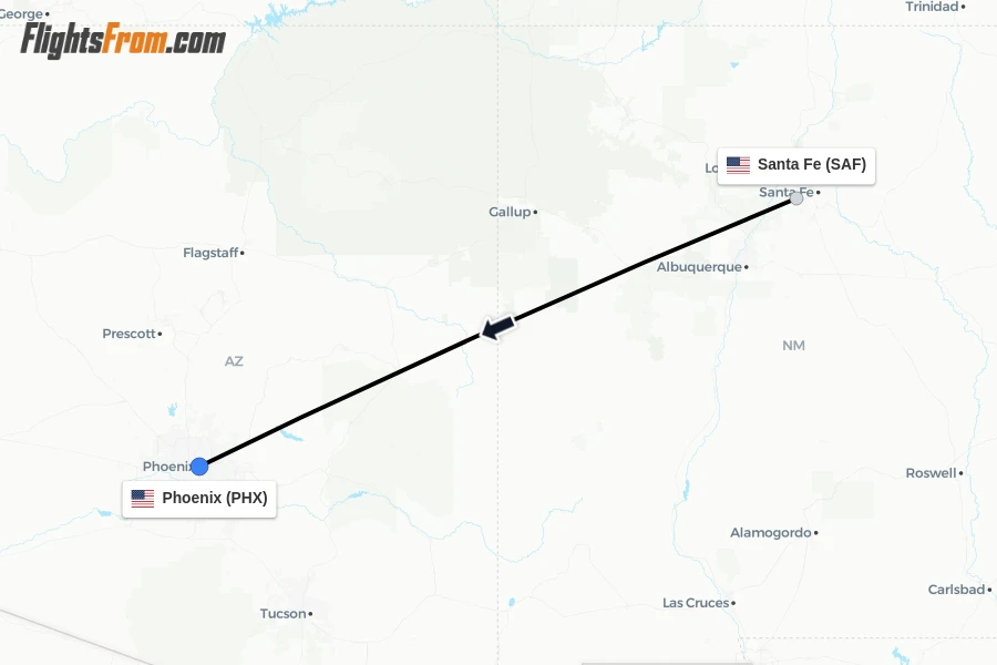 Flights from Santa Fe to Phoenix route map