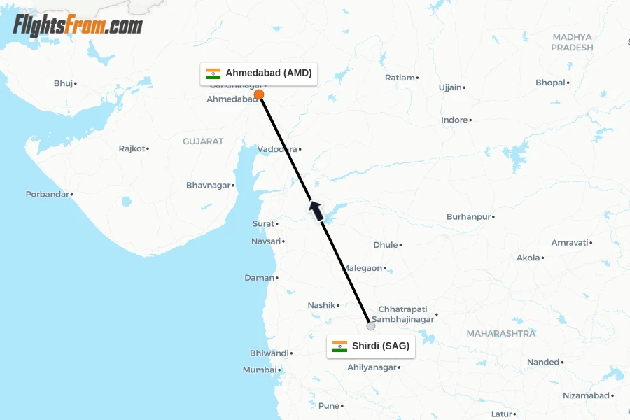 Flights from Shirdi to Ahmedabad route map
