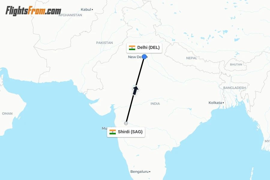 Flights from Shirdi to Delhi route map