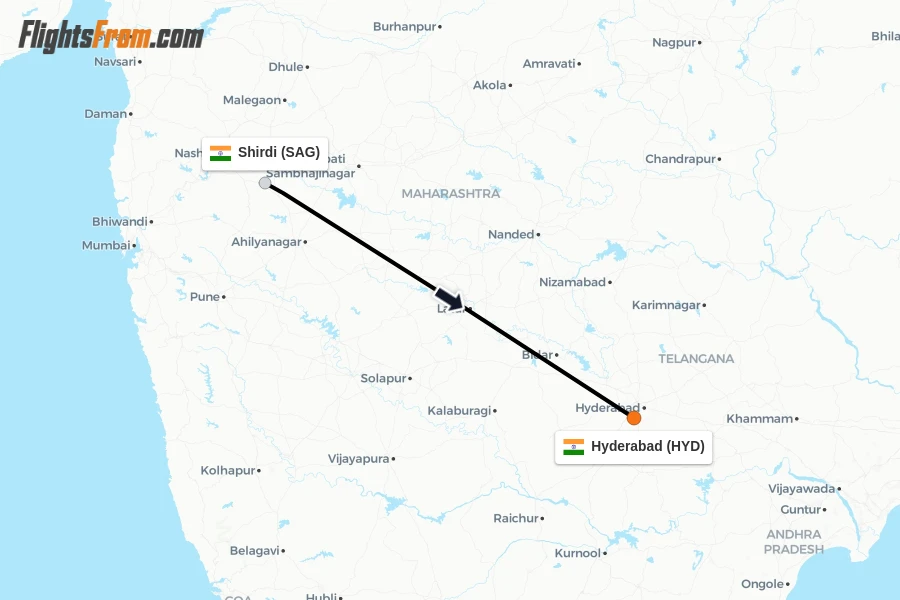 Flights from Shirdi to Hyderabad route map