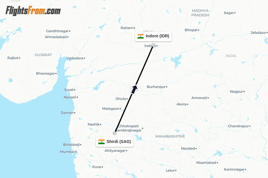 Flights from Shirdi to Indore route map