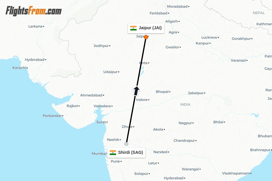 Flights from Shirdi to Jaipur route map