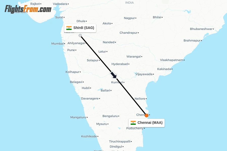 Flights from Shirdi to Chennai route map