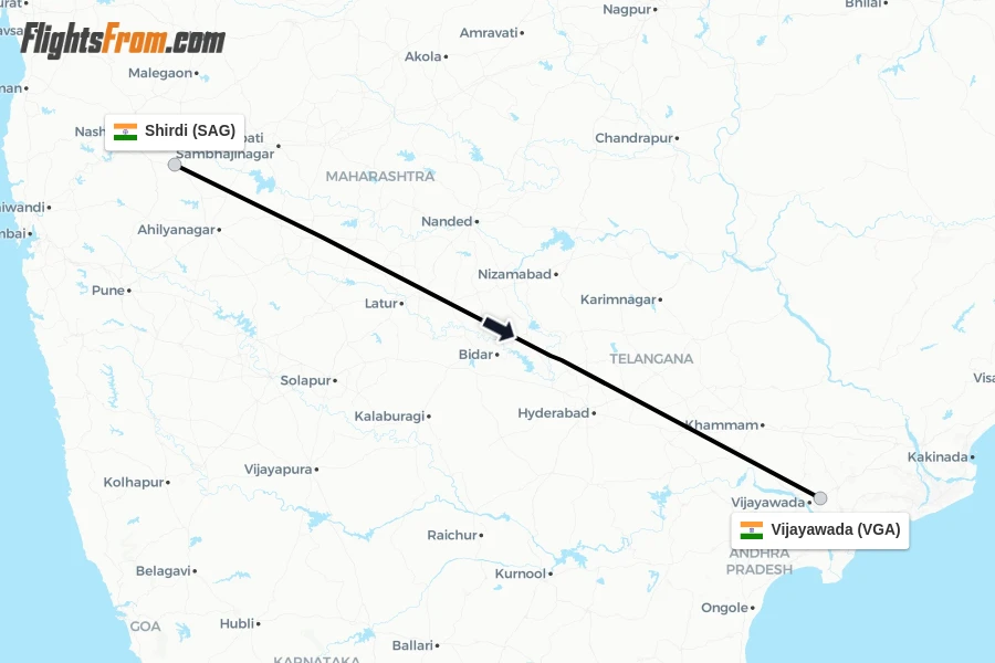 Flights from Shirdi to Vijayawada route map