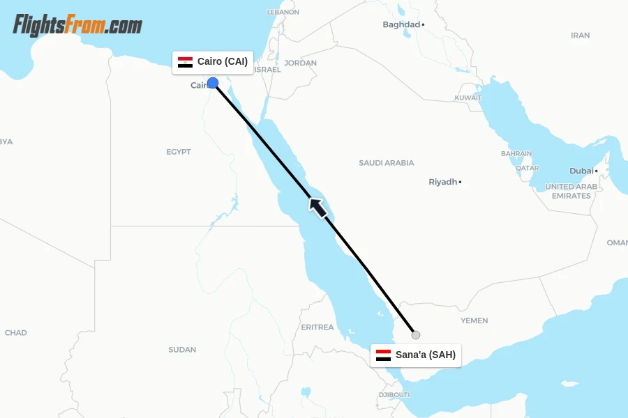 Flights from Sana'a to Cairo route map