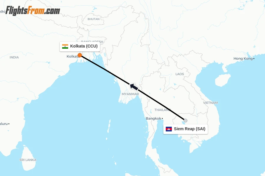 Flights from Siem Reap to Kolkata route map