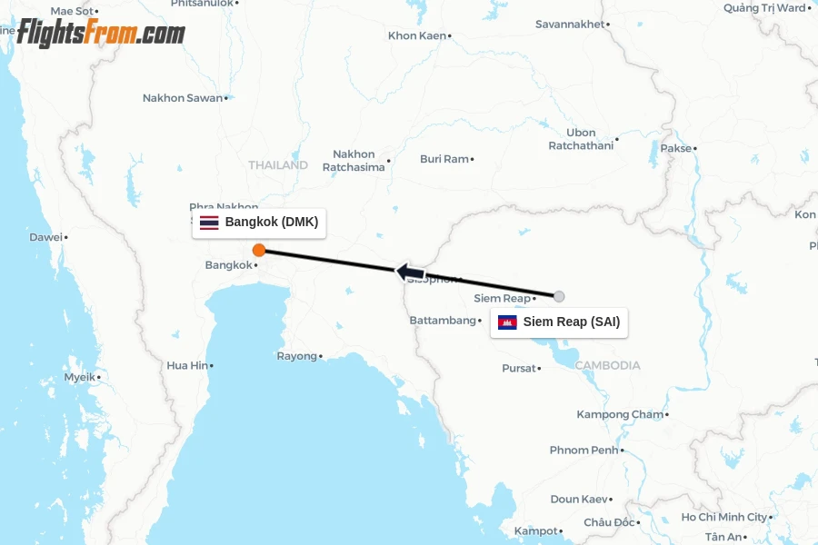 Flights from Siem Reap to Bangkok route map
