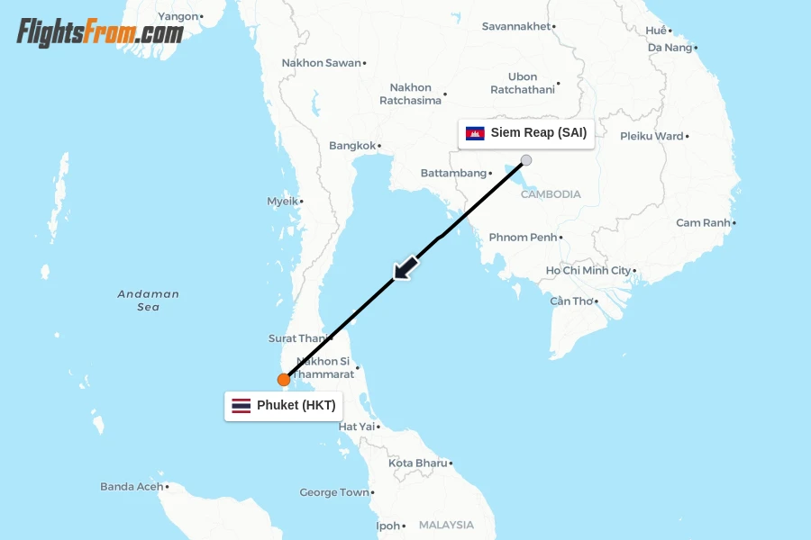 Flights from Siem Reap to Phuket route map