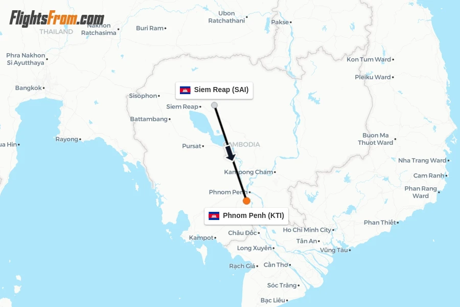 Flights from Siem Reap to Phnom Penh route map