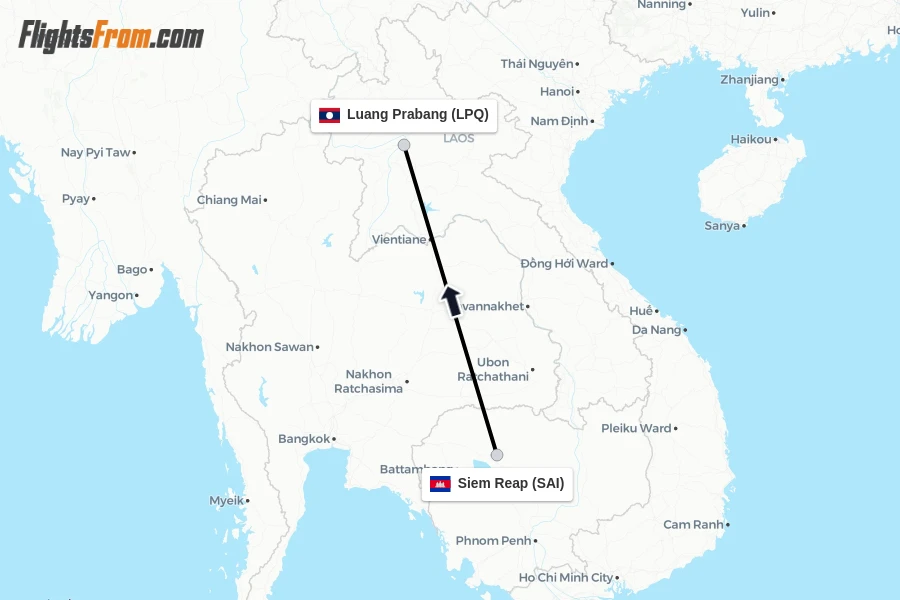 Flights from Siem Reap to Luang Prabang route map