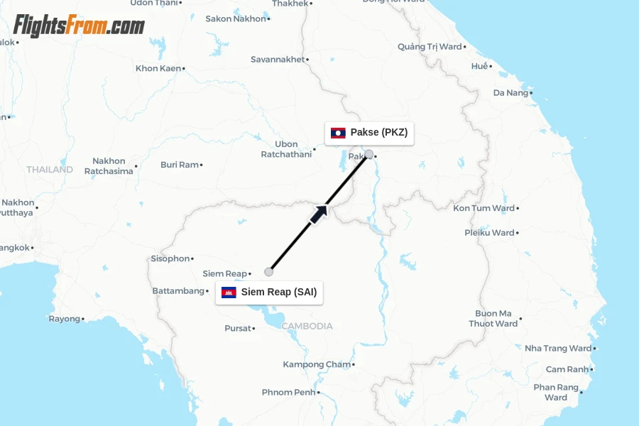Flights from Siem Reap to Pakse route map