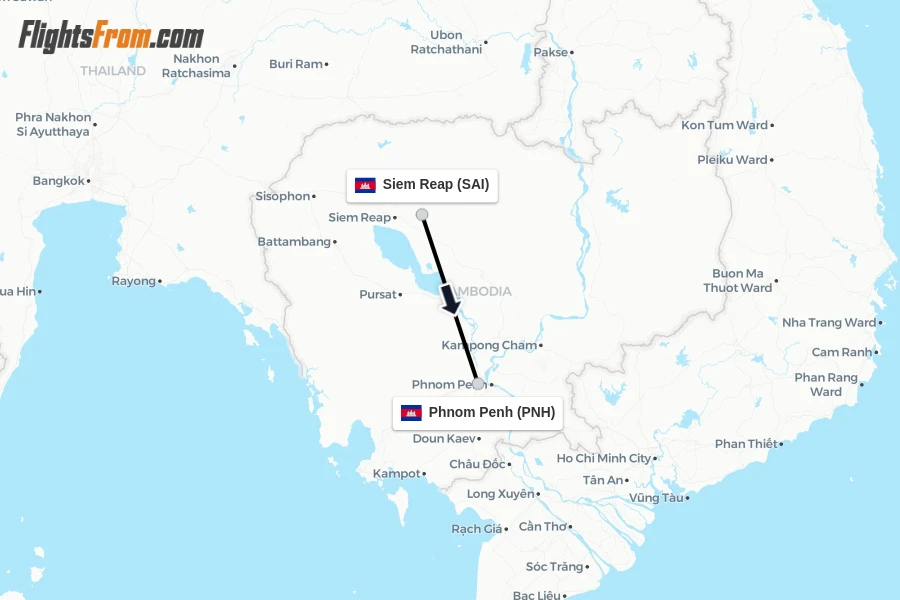 Flights from Siem Reap to Phnom Penh route map