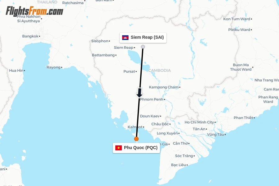 Flights from Siem Reap to Phu Quoc route map
