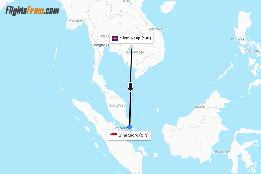 Flights from Siem Reap to Singapore route map