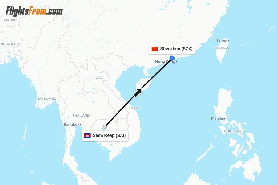 Flights from Siem Reap to Shenzhen route map