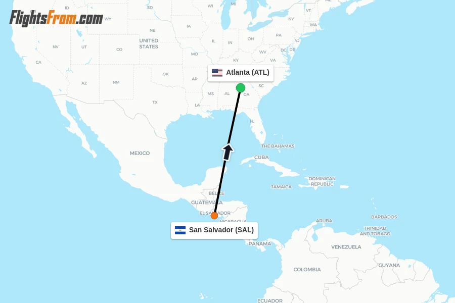 Flights from San Salvador to Atlanta route map