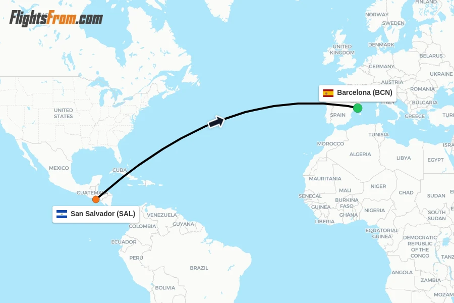 Flights from San Salvador to Barcelona route map