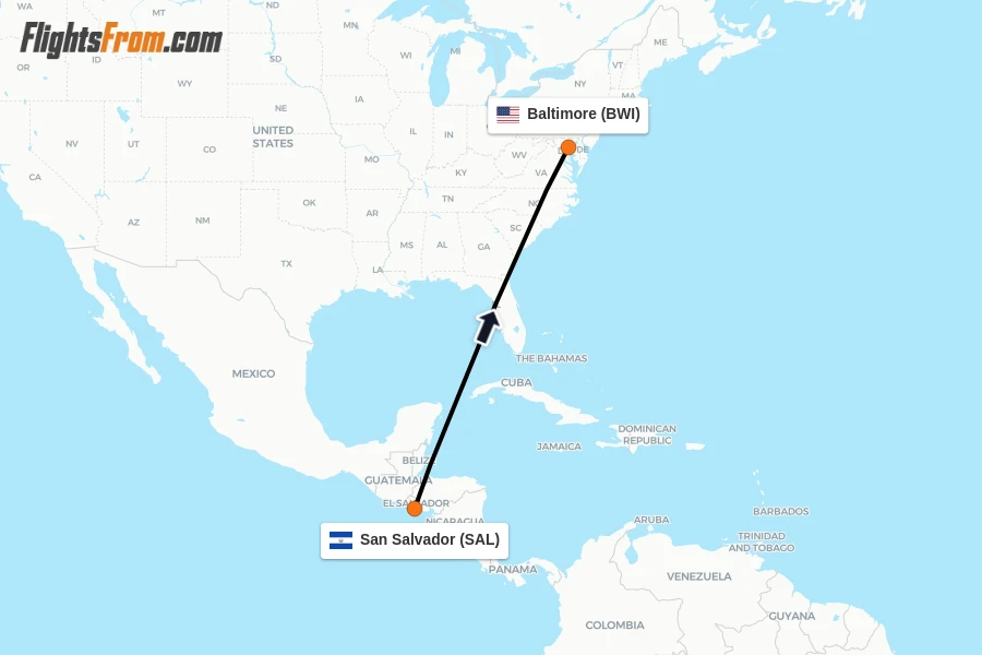 Flights from San Salvador to Baltimore route map